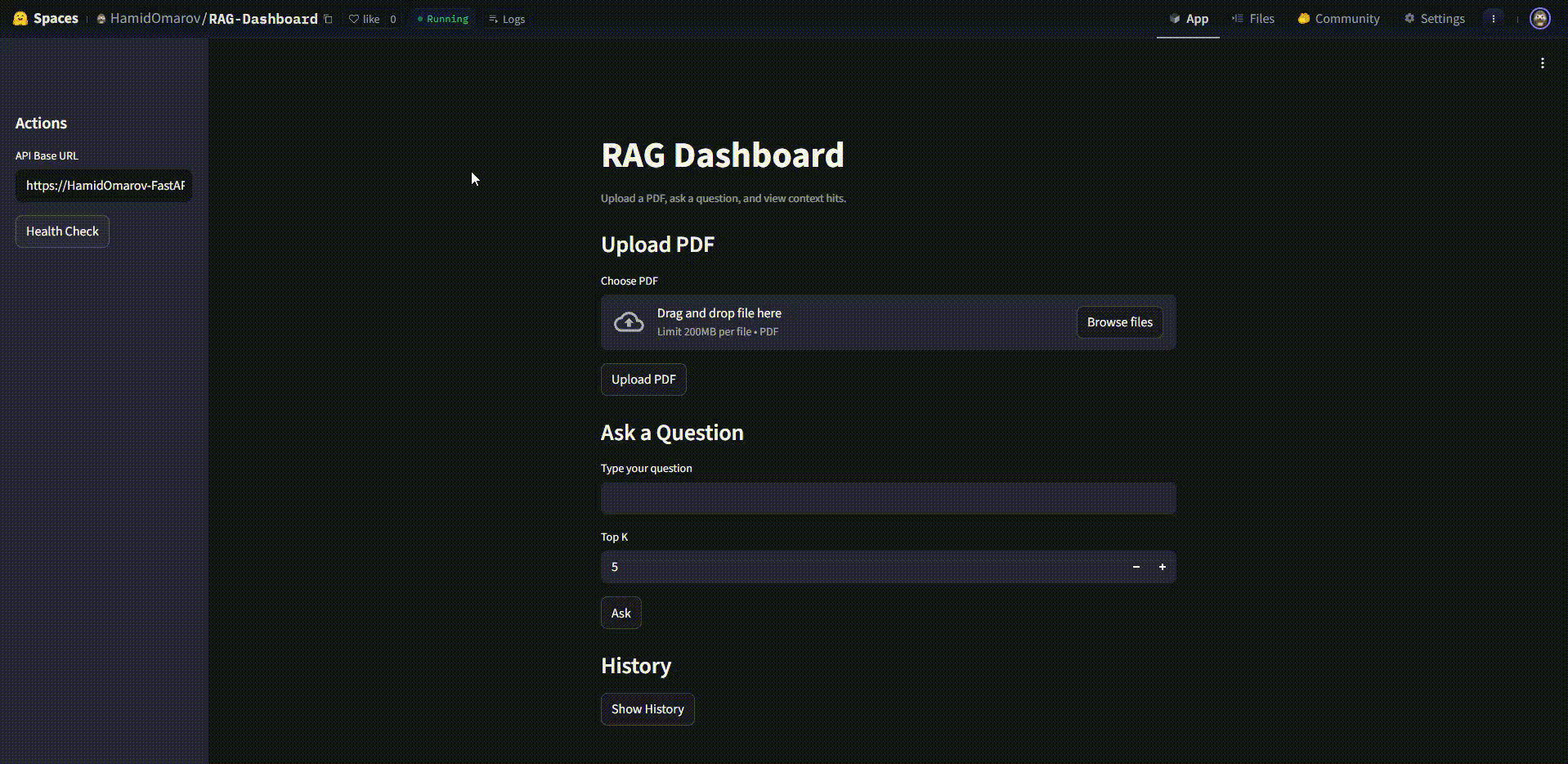 FastAPI RAG API — dashboard and API demo GIF